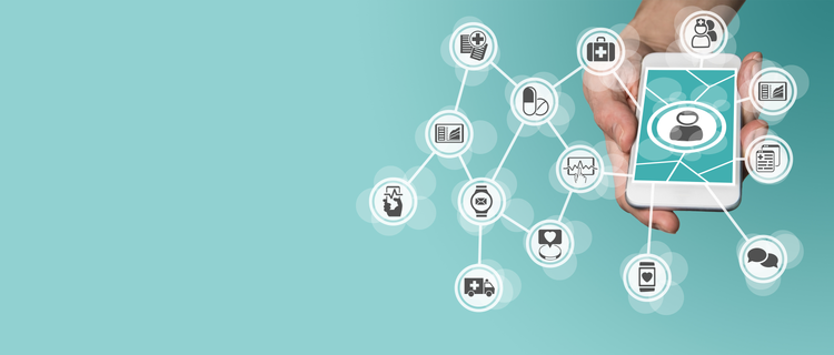 Digital and mobile healthcare concept photo with a hand holding a smart phone
